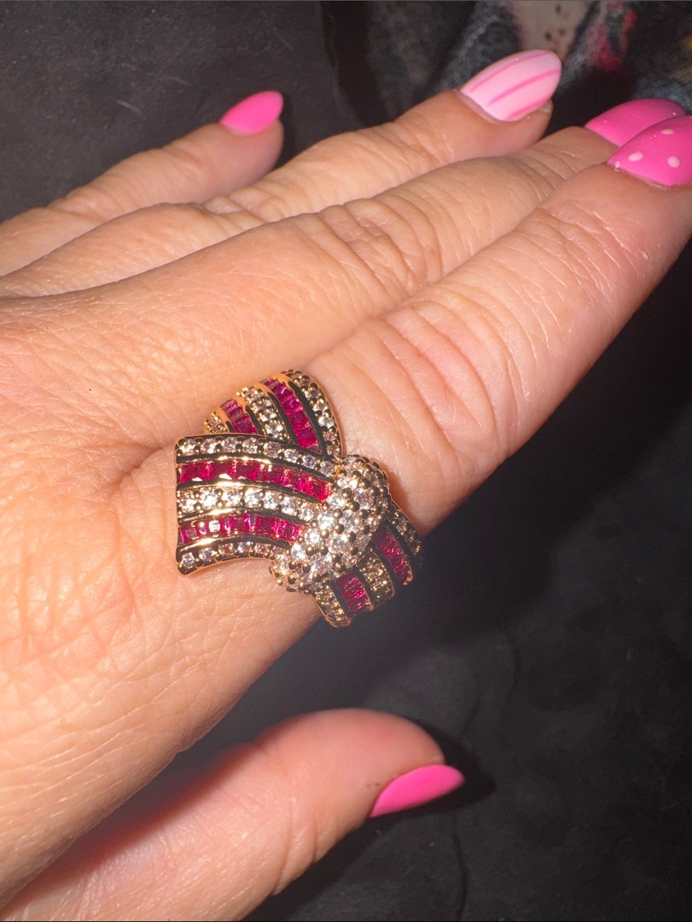 bp Gold-Tone Ring with Pink Stones and Clear Crystals